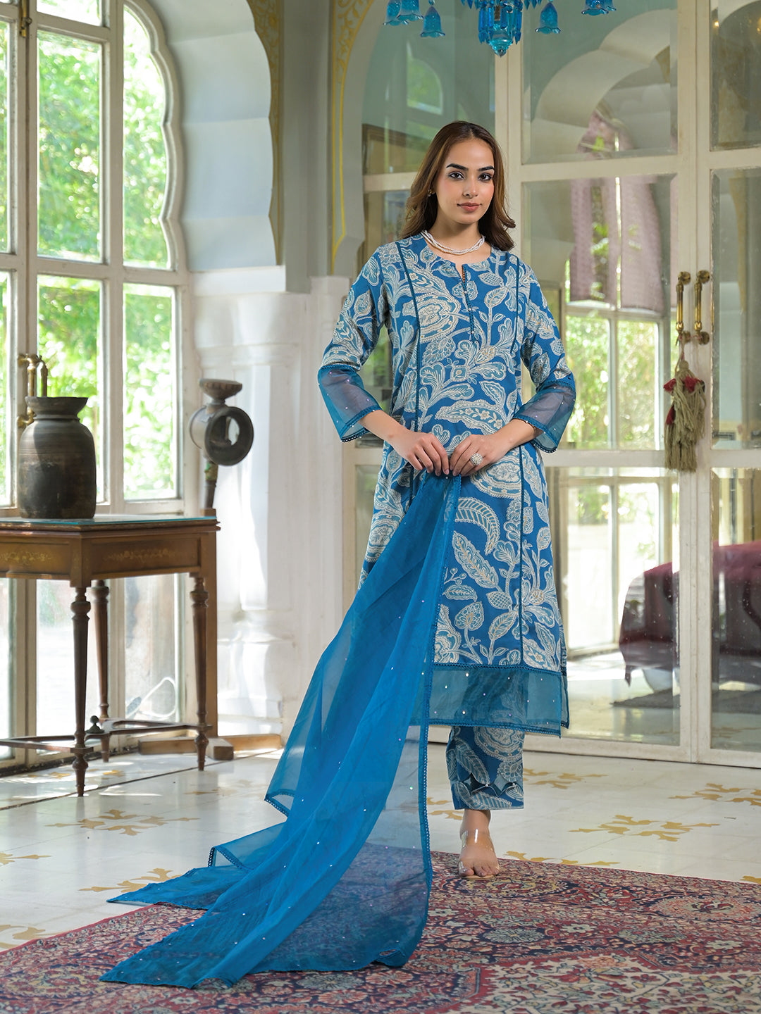 Turquoise-Blue-Rayon-Floral-Kurta-Pant-Set