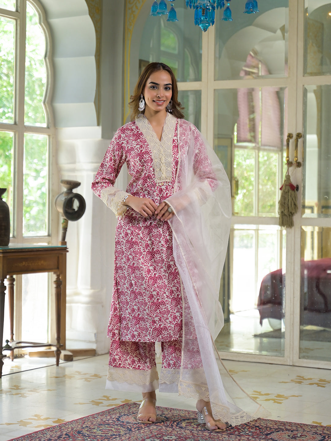 Cream-Pink-Rayon-Ethnic-Print-Kurta-Set
