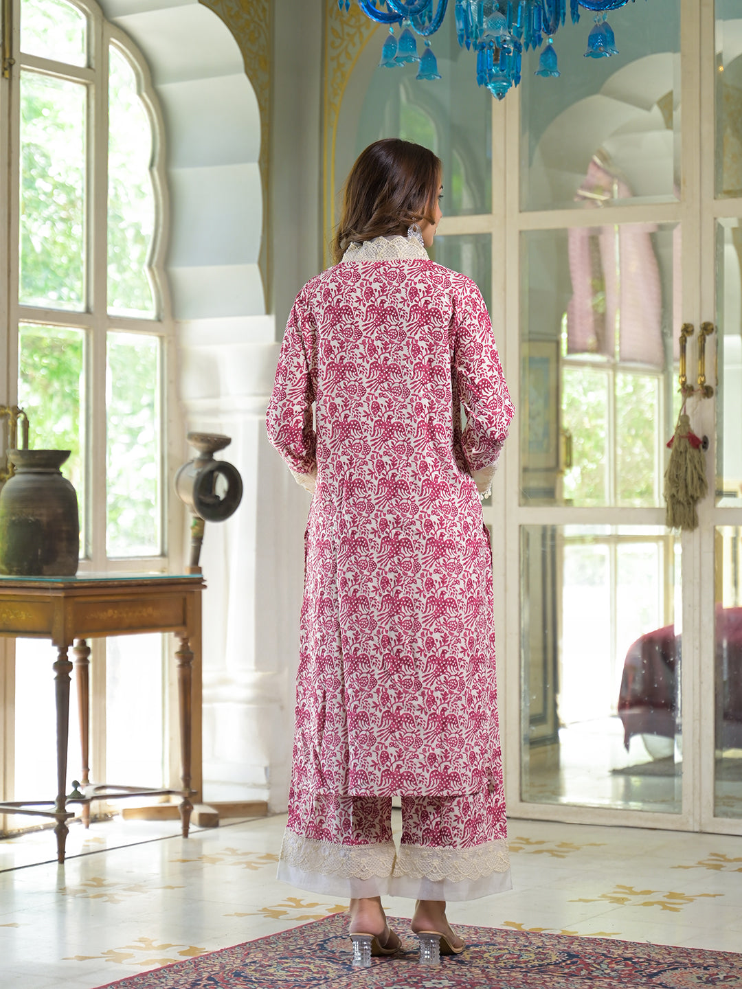 Cream-Pink-Rayon-Ethnic-Print-Kurta-Set