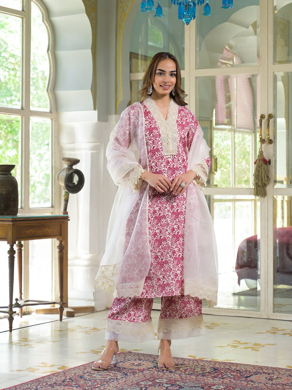 Cream-Pink-Rayon-Ethnic-Print-Kurta-Set