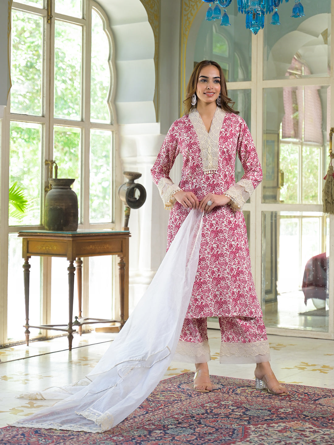 Cream-Pink-Rayon-Ethnic-Print-Kurta-Set