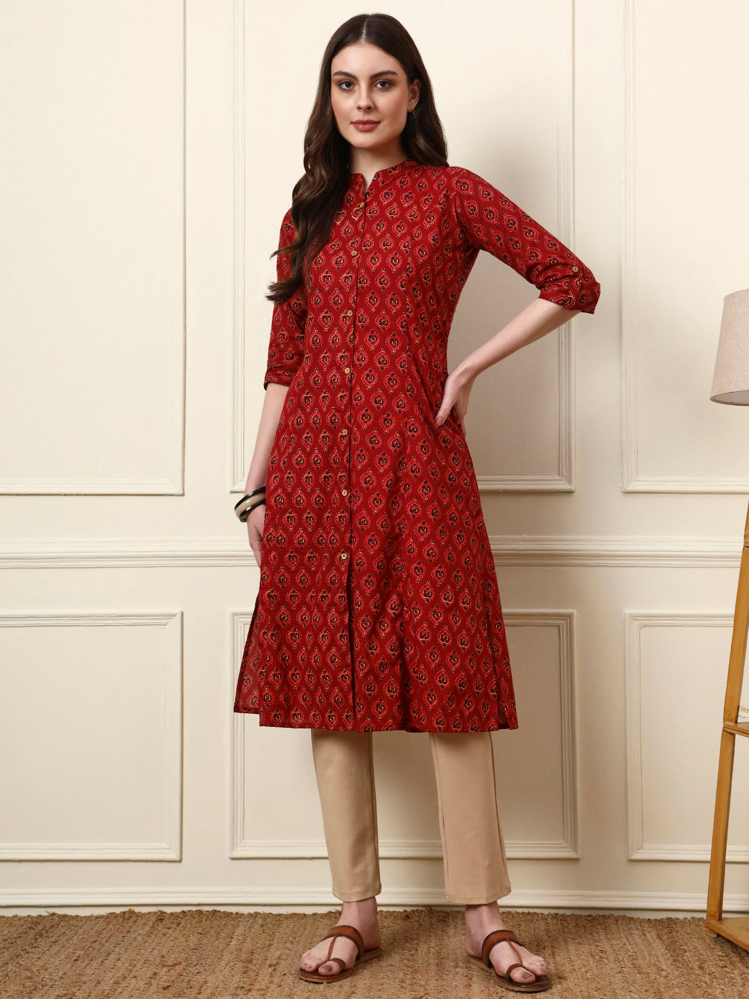 Maroon Mandarin Collar Floral Cotton A-Line Kurta