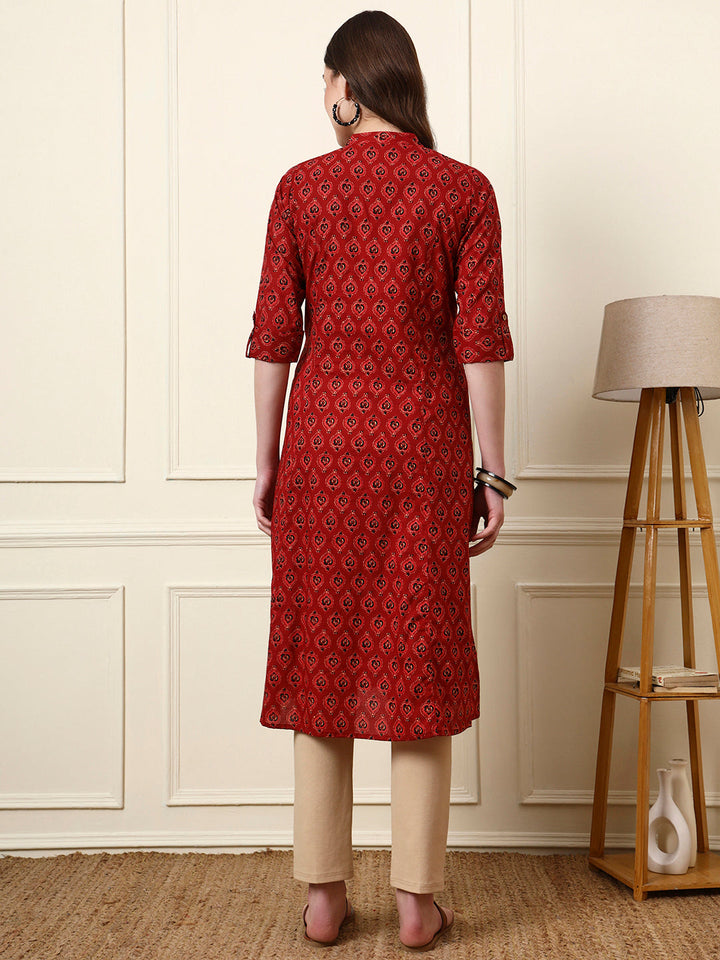 Maroon Mandarin Collar Floral Cotton A-Line Kurta