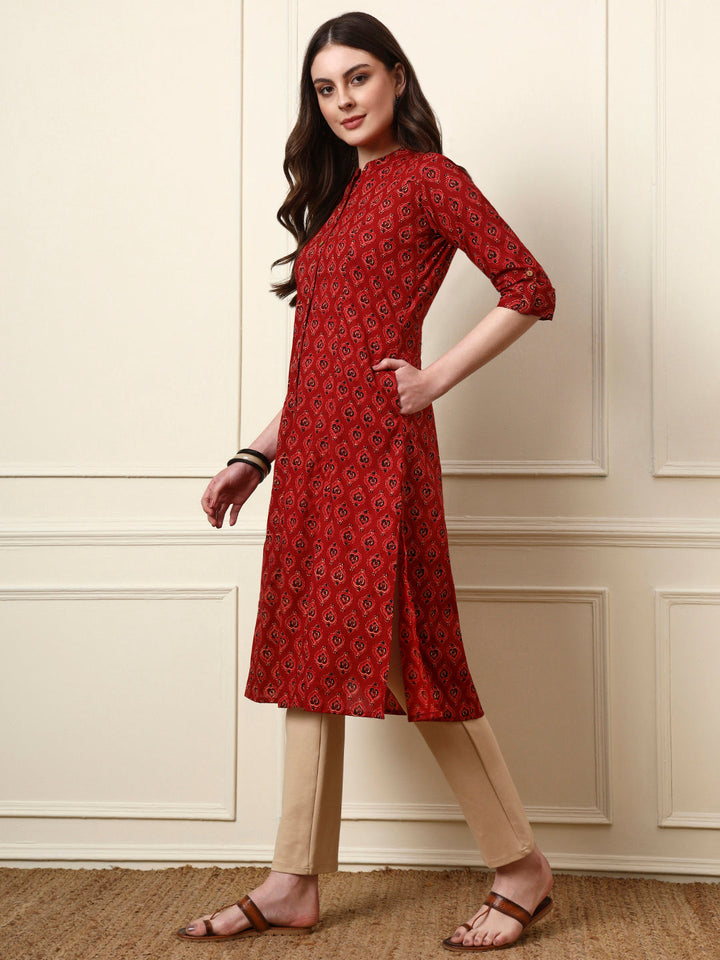 Maroon Mandarin Collar Floral Cotton A-Line Kurta