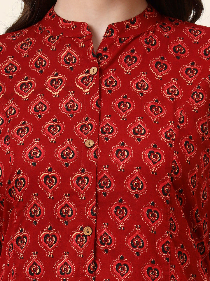 Maroon Mandarin Collar Floral Cotton A-Line Kurta