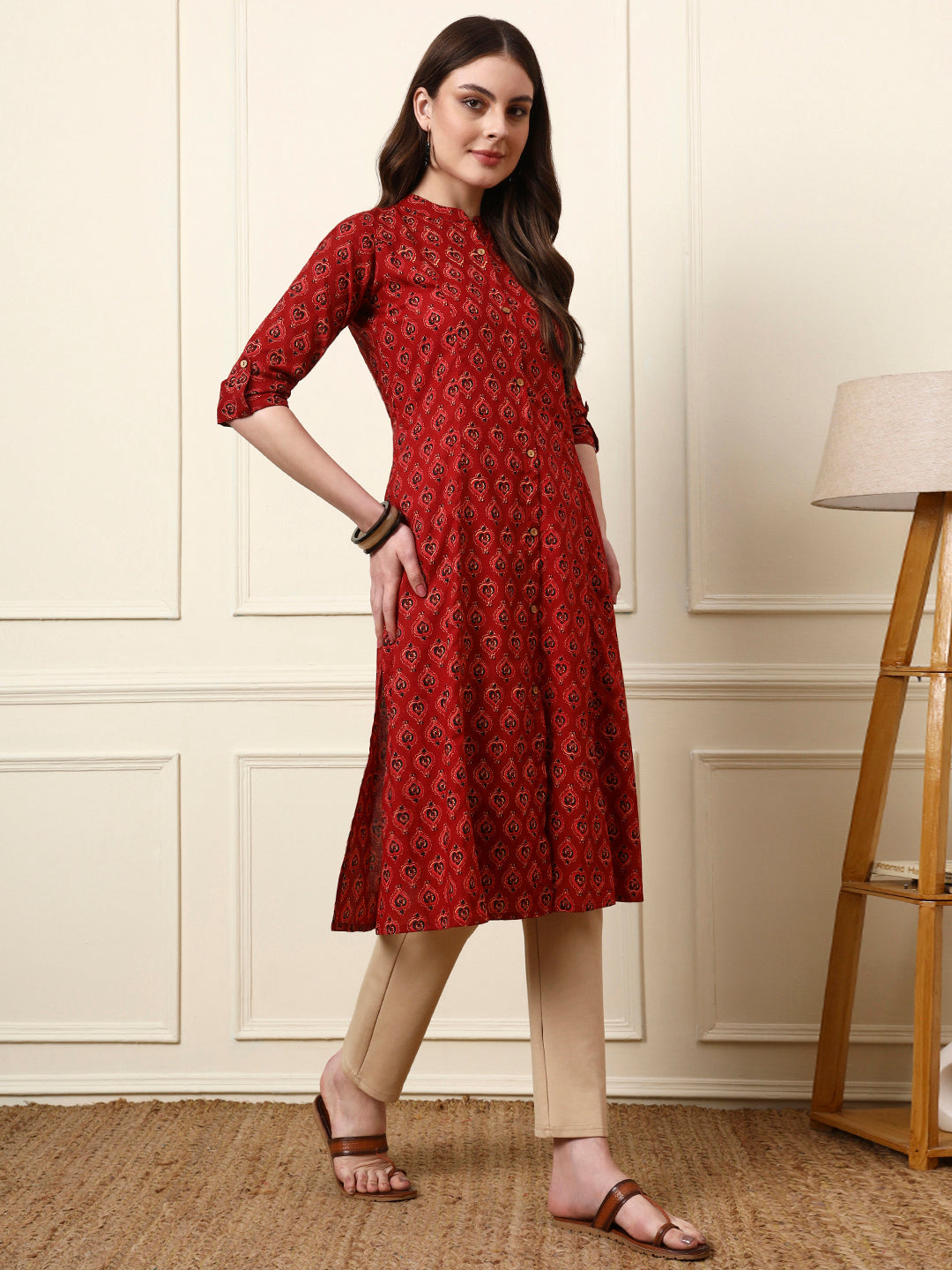 Maroon Mandarin Collar Floral Cotton A-Line Kurta