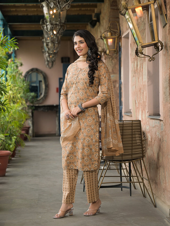 Brown-Cotton-Floral-Straight-3-Piece-Kurta-Set