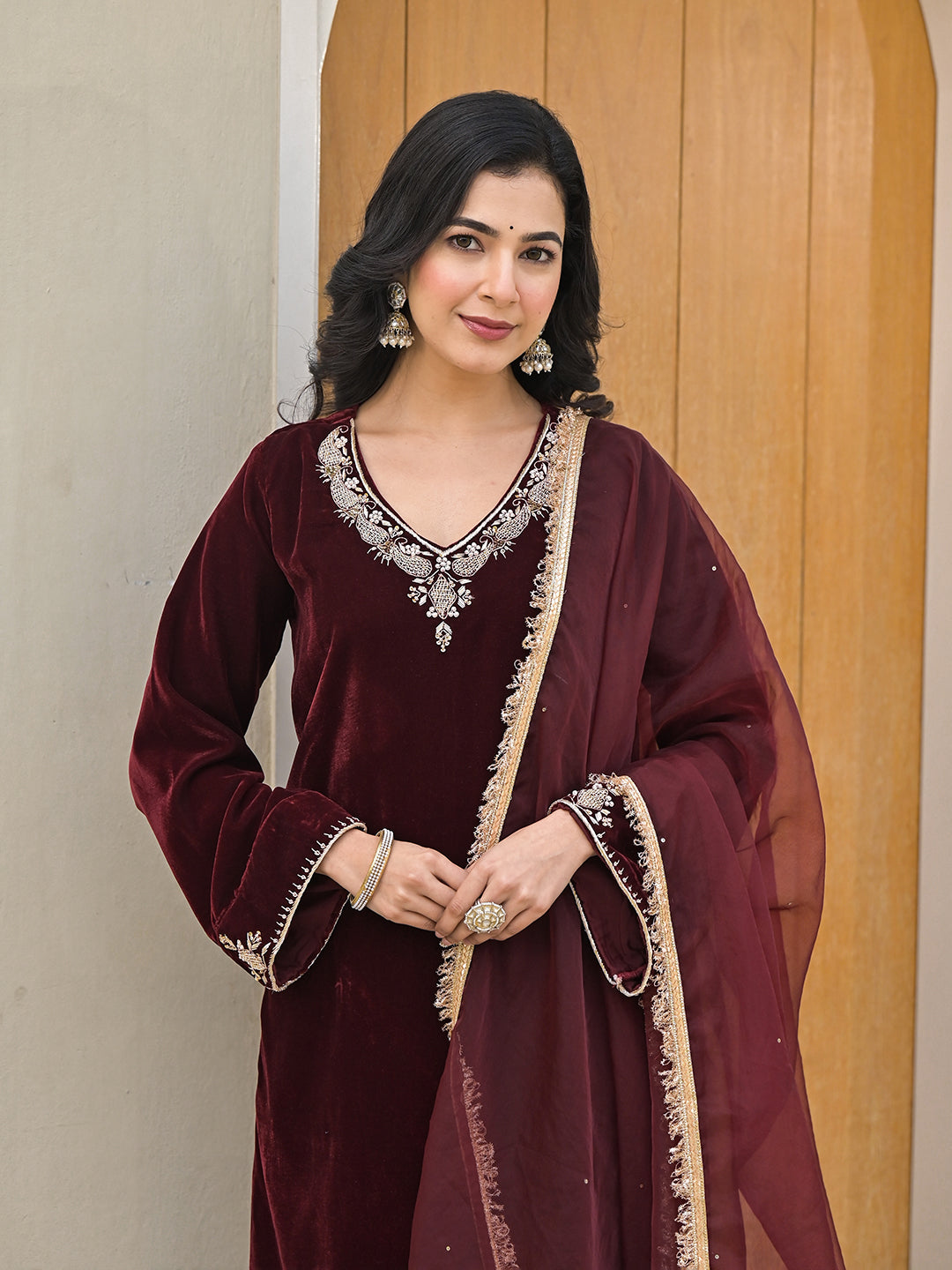 Maroon-Velvet-Embroidered-3-Piece-Kurta