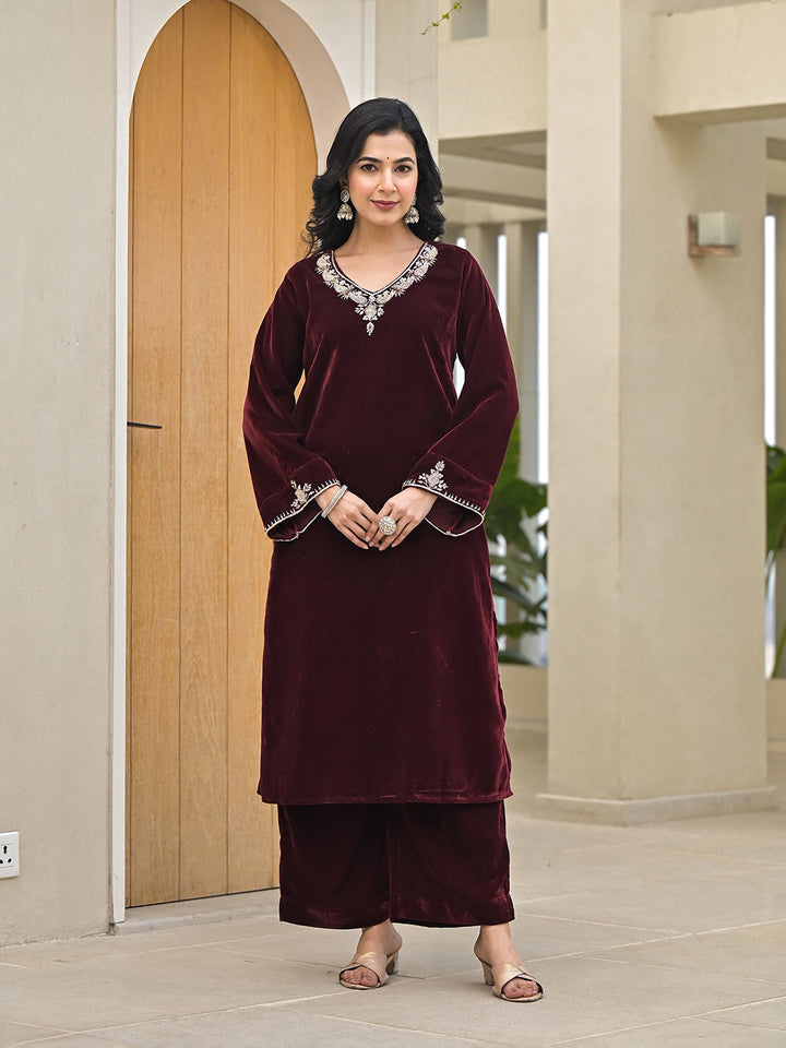 Maroon-Velvet-Embroidered-3-Piece-Kurta