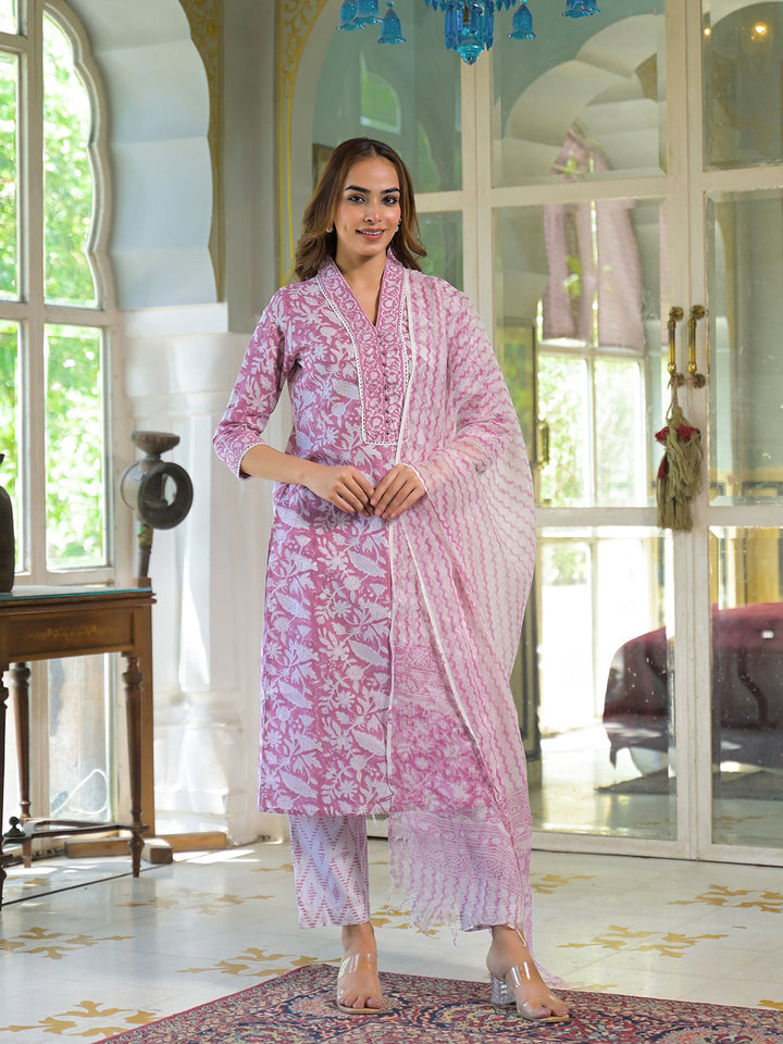 White-&-Pink-Cotton-Block-Print-3-Piece-Kurta-Set