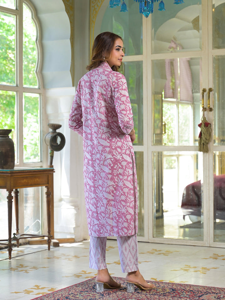 White-&-Pink-Cotton-Block-Print-3-Piece-Kurta-Set
