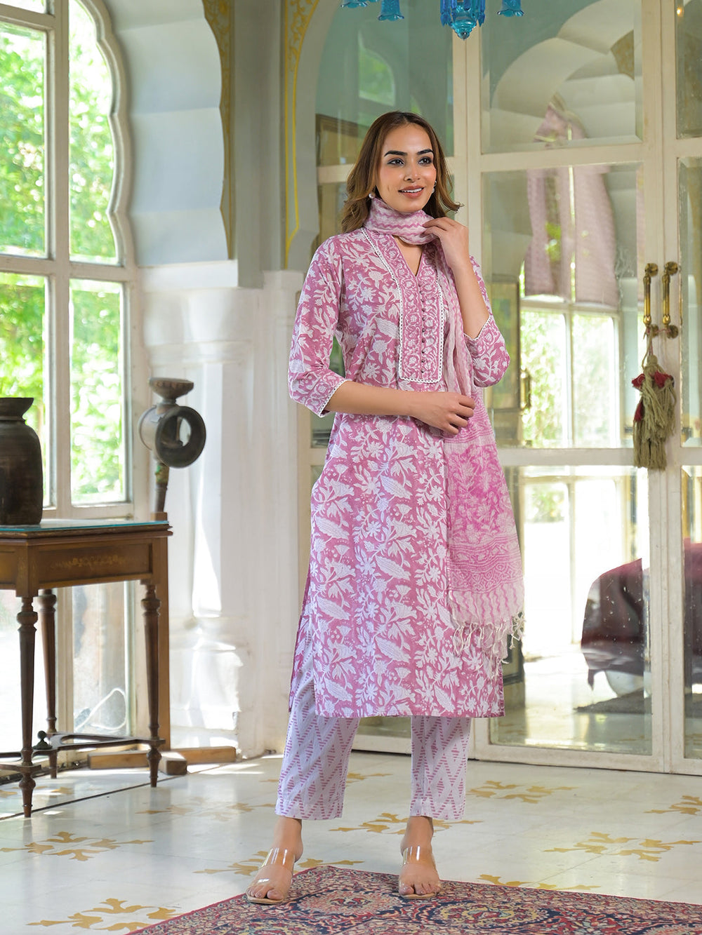 White-&-Pink-Cotton-Block-Print-3-Piece-Kurta-Set