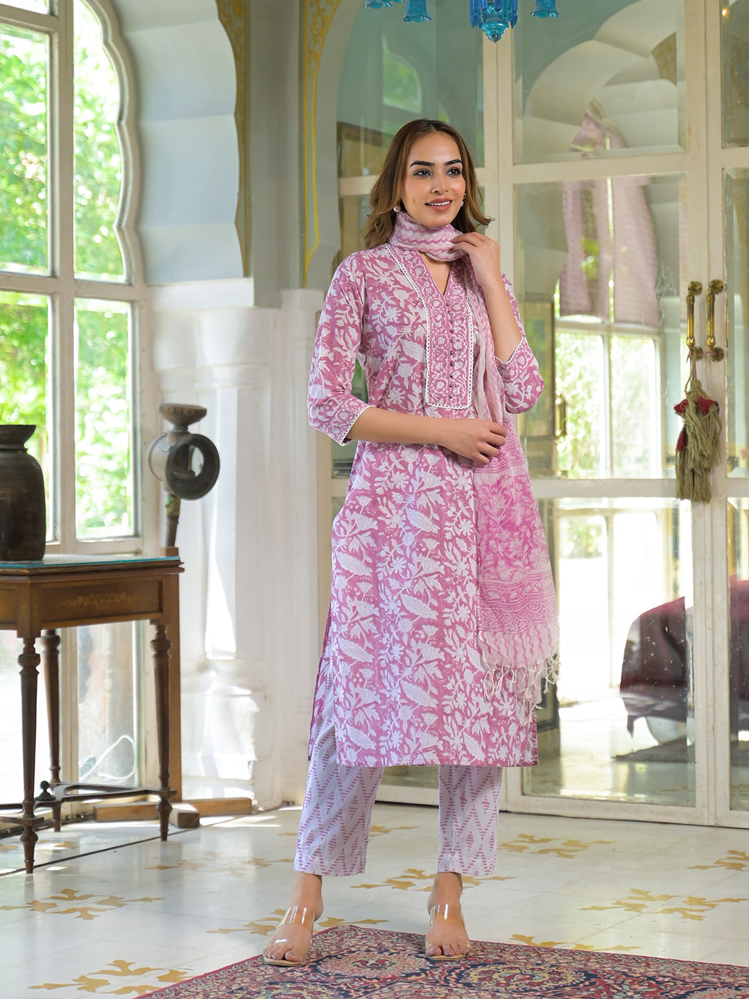 White-&-Pink-Cotton-Block-Print-3-Piece-Kurta-Set