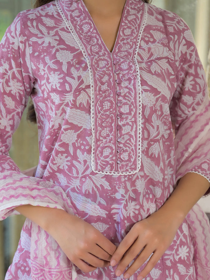 White-&-Pink-Cotton-Block-Print-3-Piece-Kurta-Set