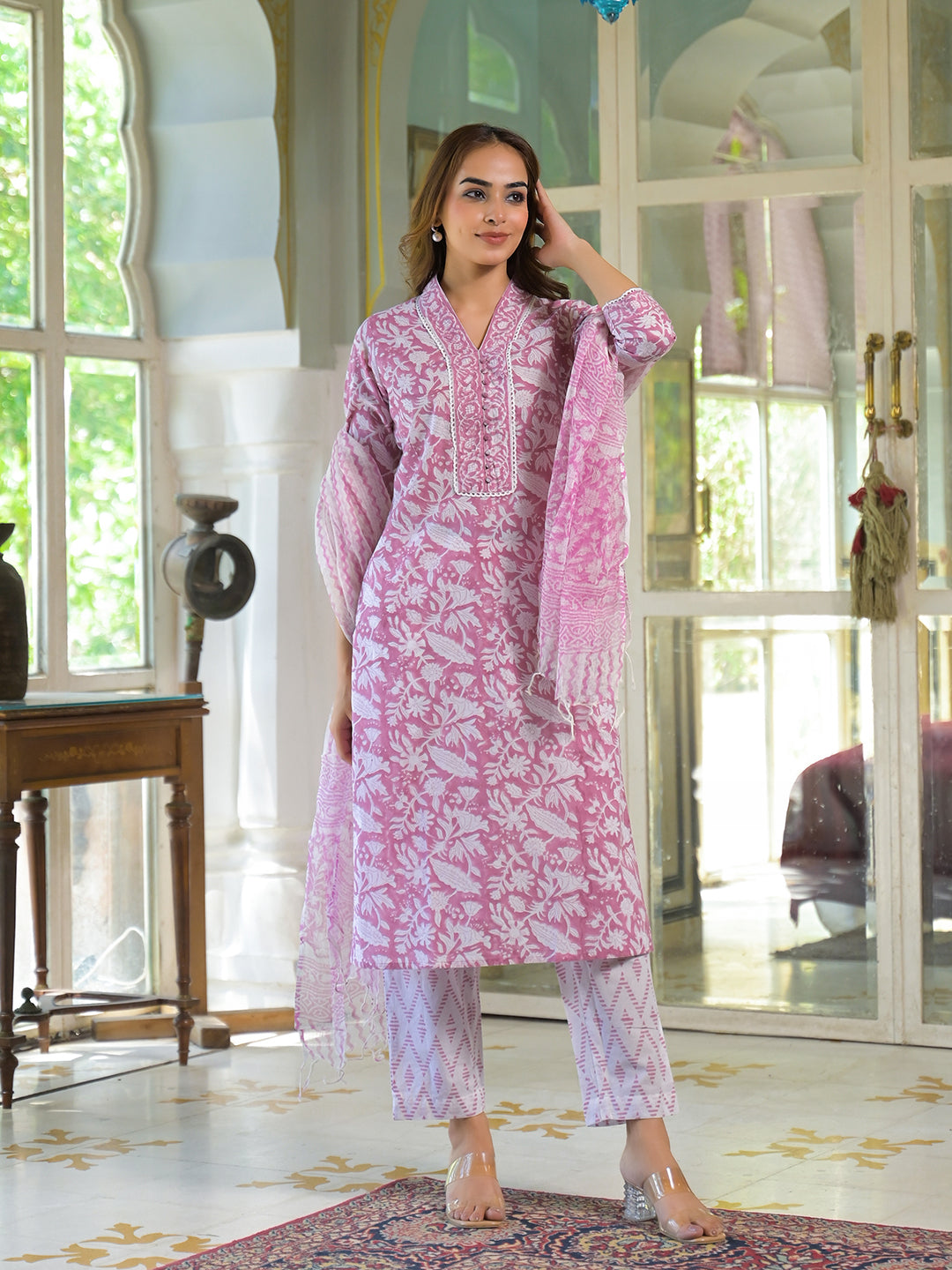 White-&-Pink-Cotton-Block-Print-3-Piece-Kurta-Set