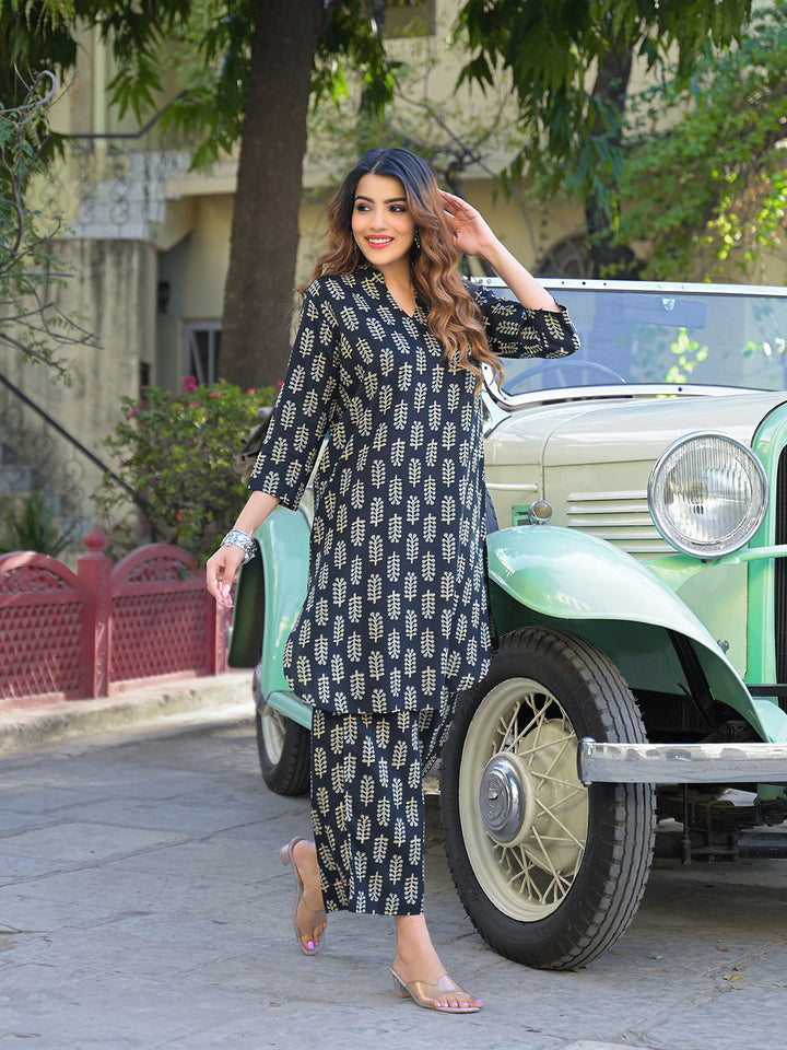 Black-Cotton-Ethnic-Printed-Kurta-&-Trouser-Co-Ord-Set