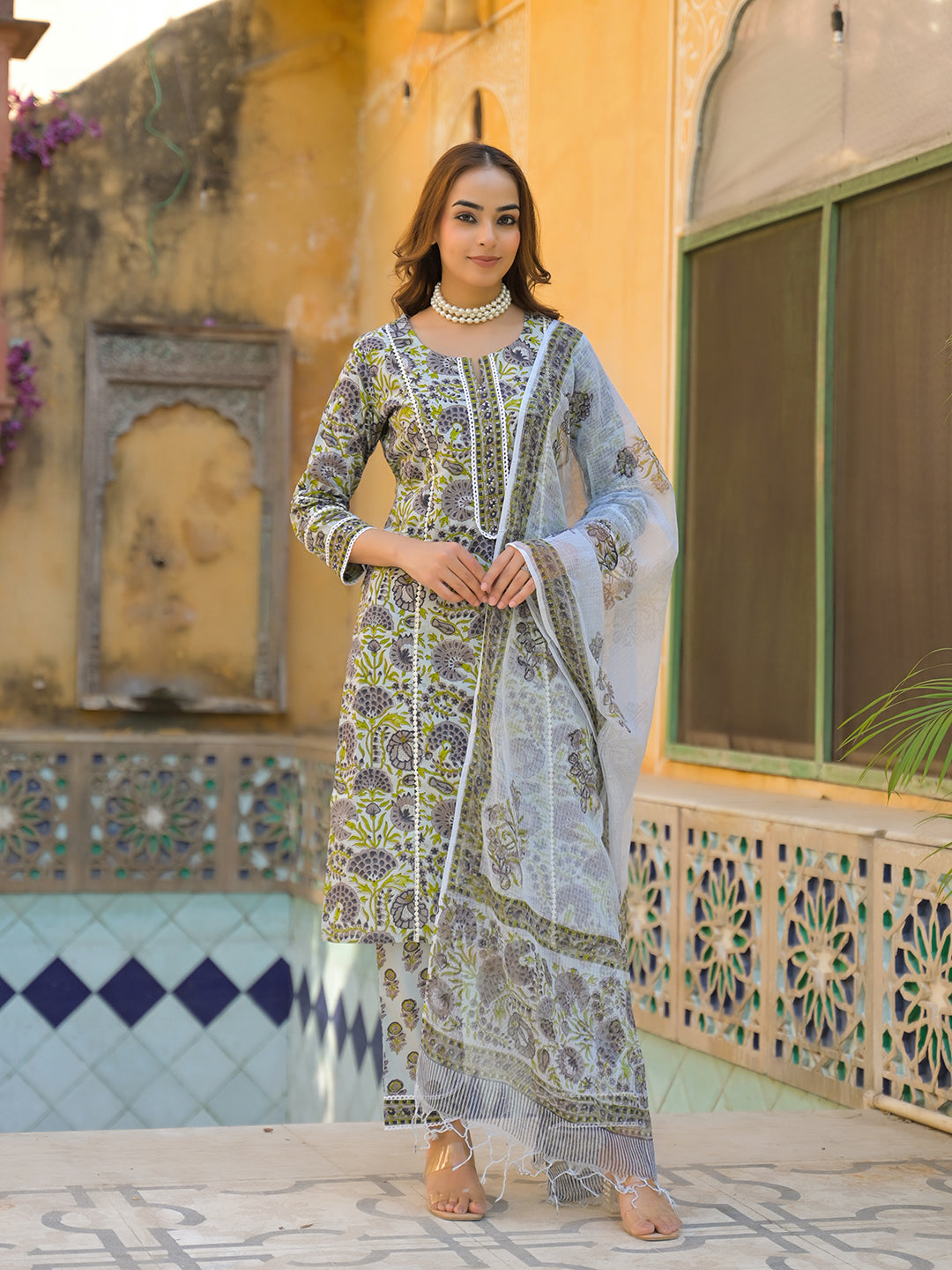 Sea-Green-Cotton-Block-Print-3-Piece-Kurta-Set