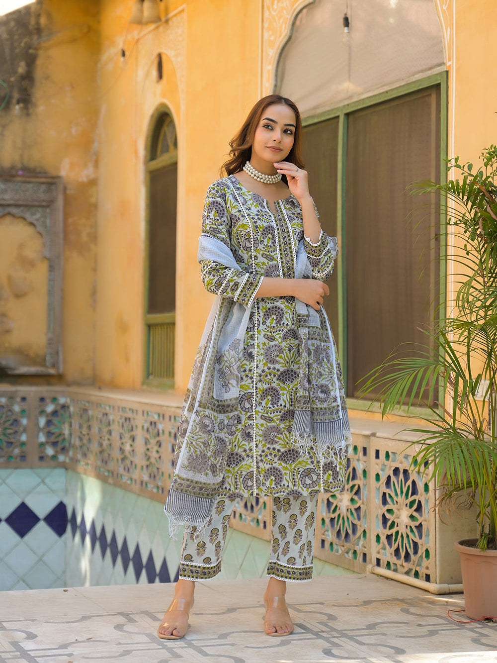Sea-Green-Cotton-Block-Print-3-Piece-Kurta-Set