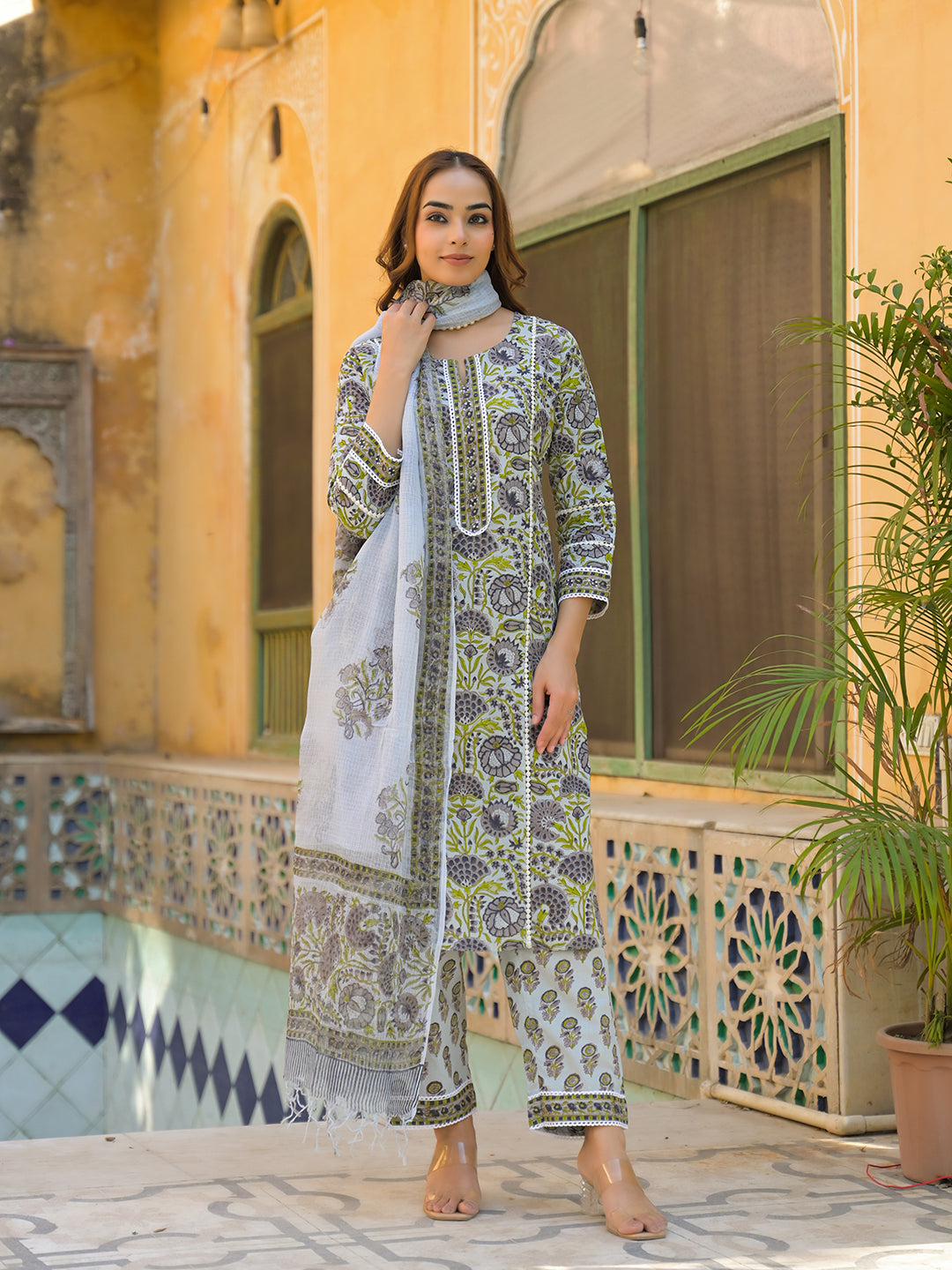 Sea-Green-Cotton-Block-Print-3-Piece-Kurta-Set
