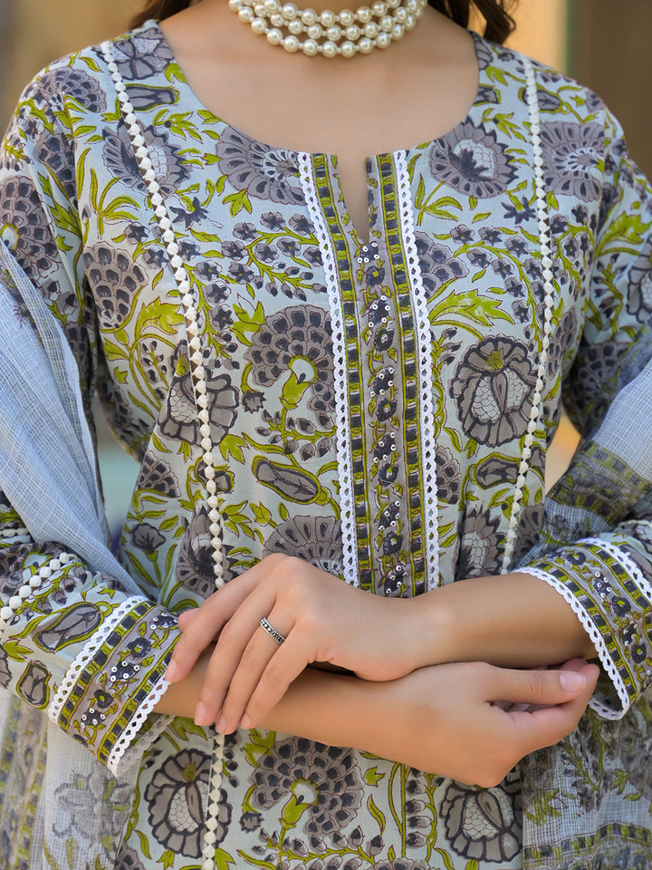 Sea-Green-Cotton-Block-Print-3-Piece-Kurta-Set
