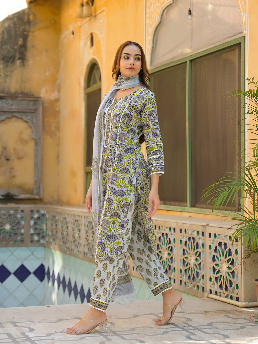 Sea-Green-Cotton-Block-Print-3-Piece-Kurta-Set