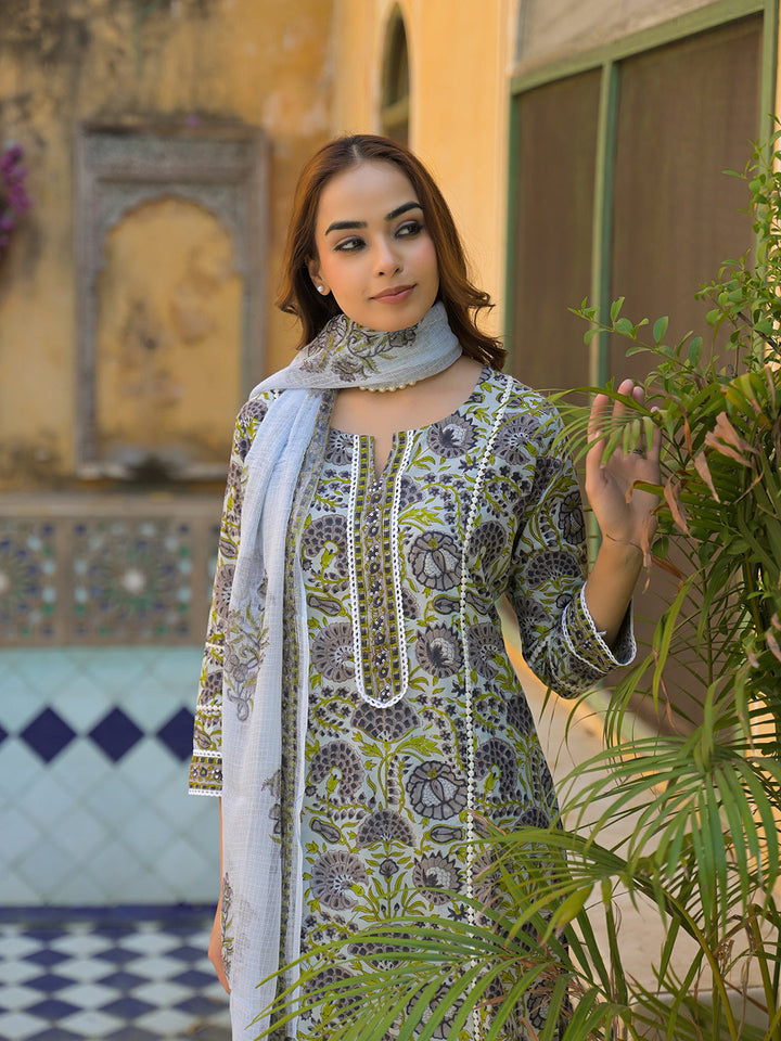 Sea-Green-Cotton-Block-Print-3-Piece-Kurta-Set