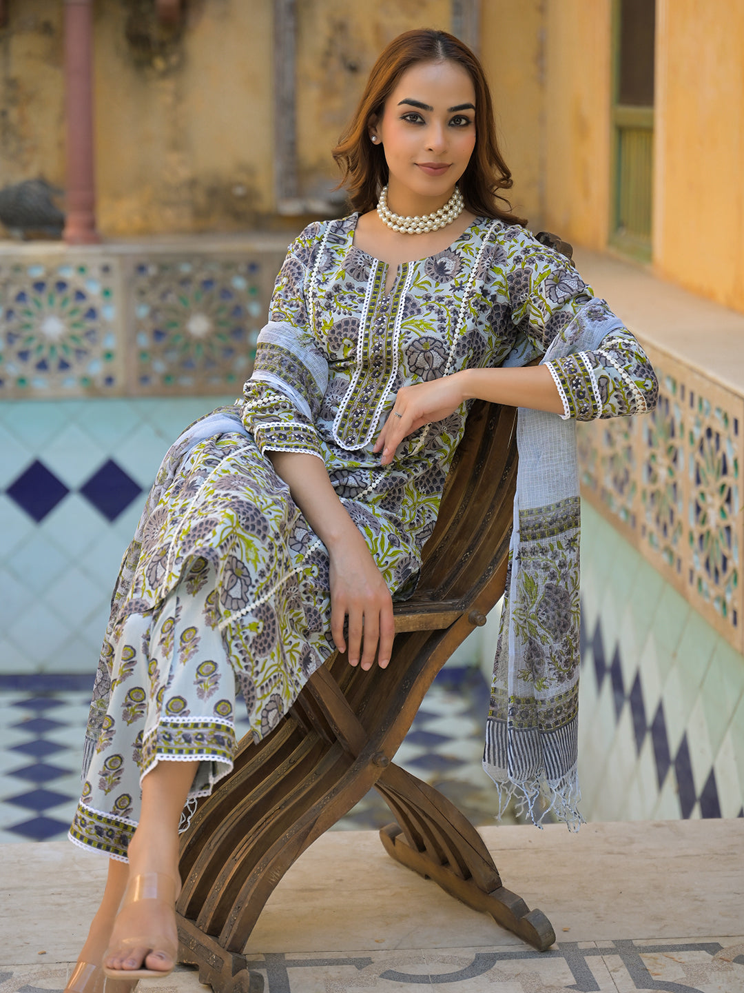 Sea-Green-Cotton-Block-Print-3-Piece-Kurta-Set
