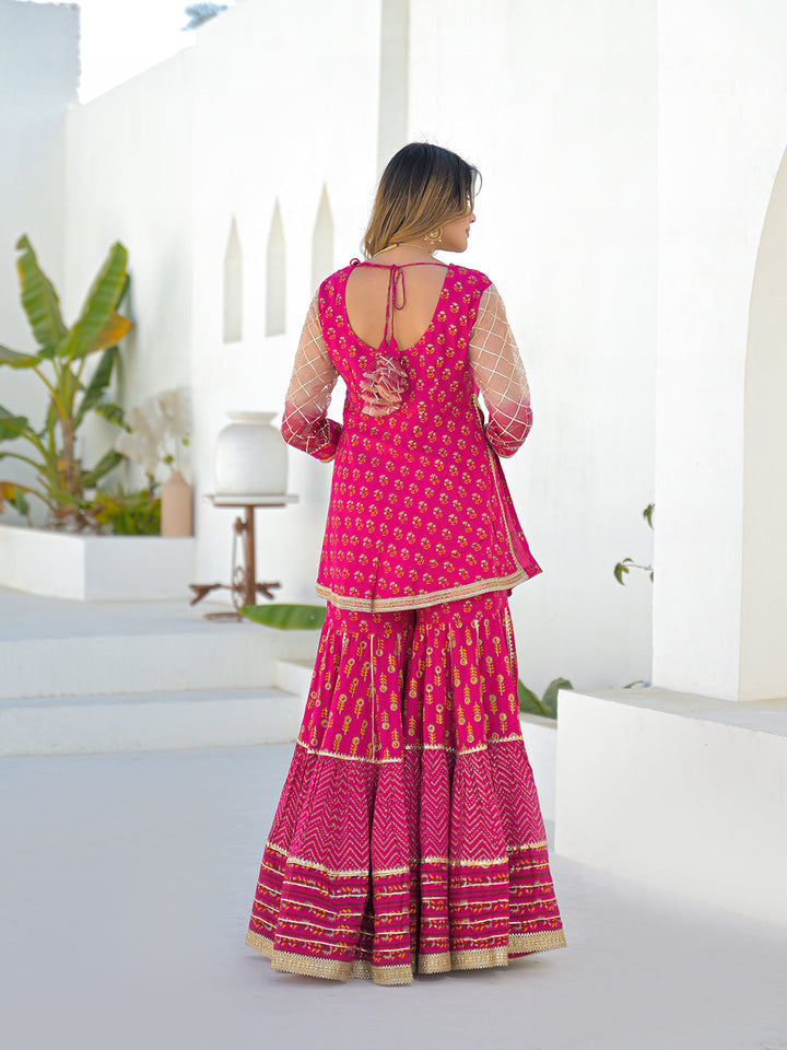 Pink Muslin Round Neck Kurta Sharara Set with Organza Dupatta