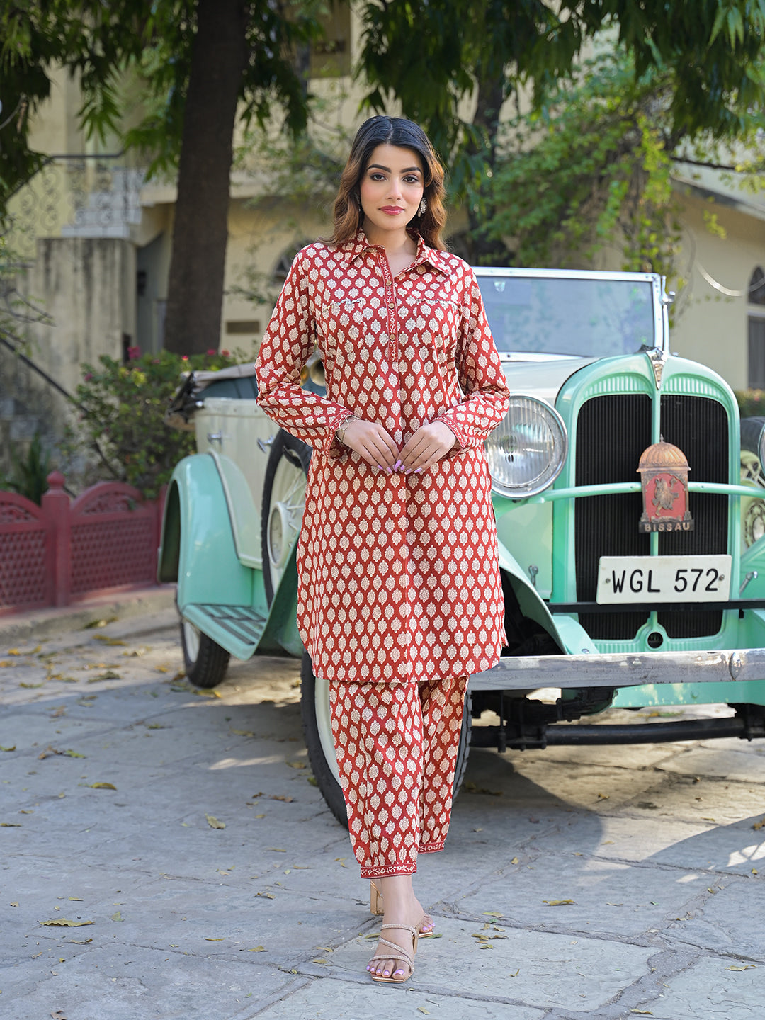 Red-Cotton-Ethnic-Printed-Shirt-Style-Co-Ord-Set