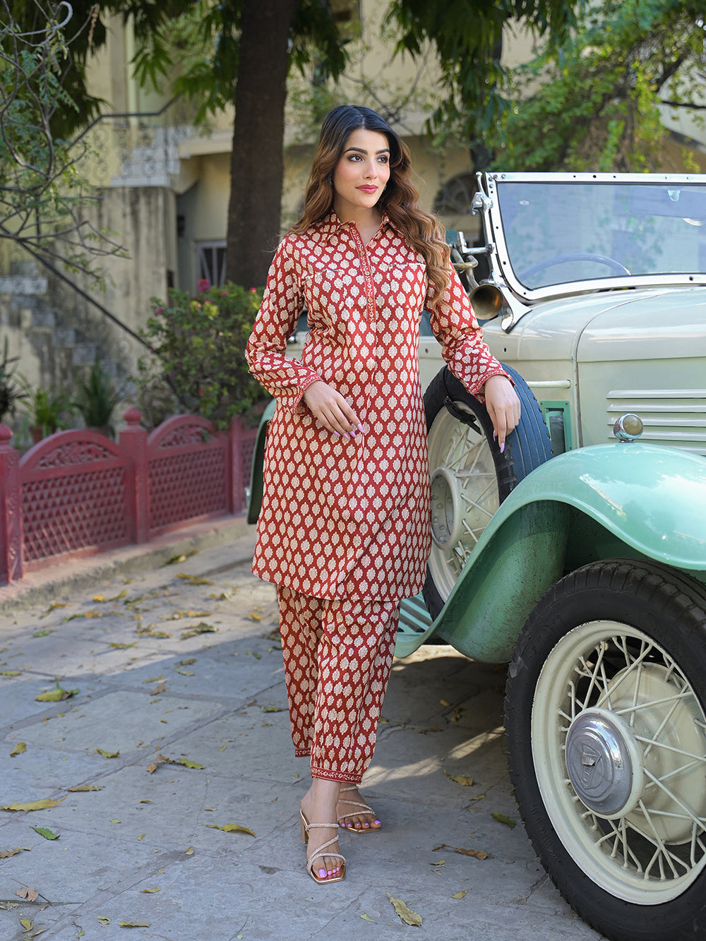 Red-Cotton-Ethnic-Printed-Shirt-Style-Co-Ord-Set
