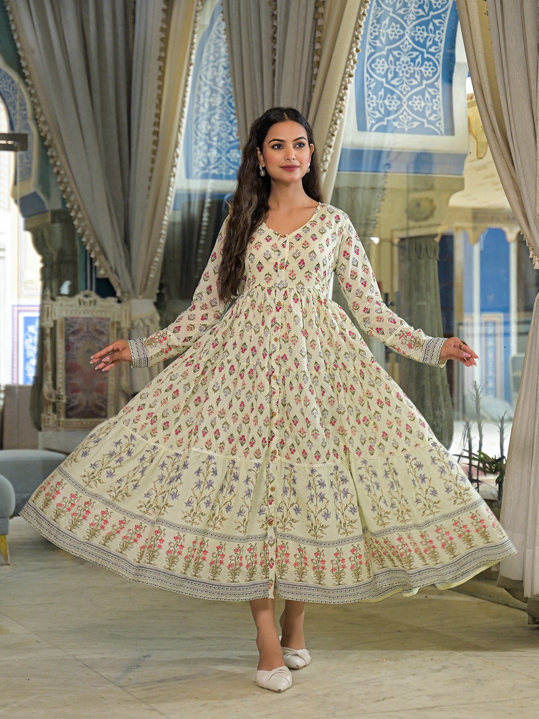 Cream-Cotton-Ethnic-Motif-Midi-Dress