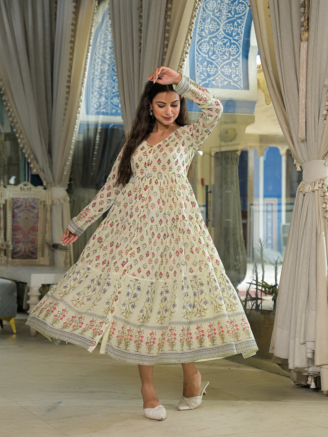 Cream-Cotton-Ethnic-Motif-Midi-Dress