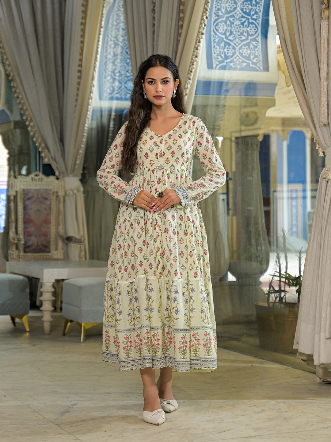 Cream-Cotton-Ethnic-Motif-Midi-Dress