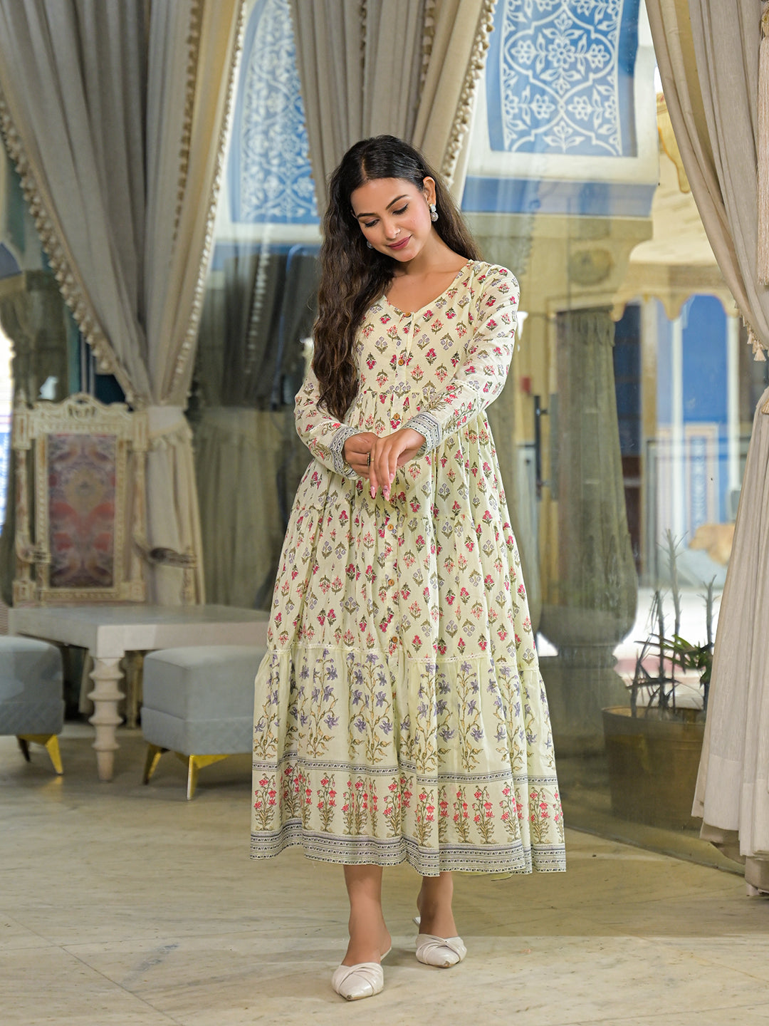 Cream-Cotton-Ethnic-Motif-Midi-Dress