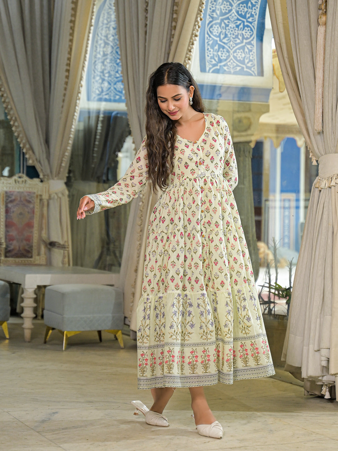 Cream-Cotton-Ethnic-Motif-Midi-Dress