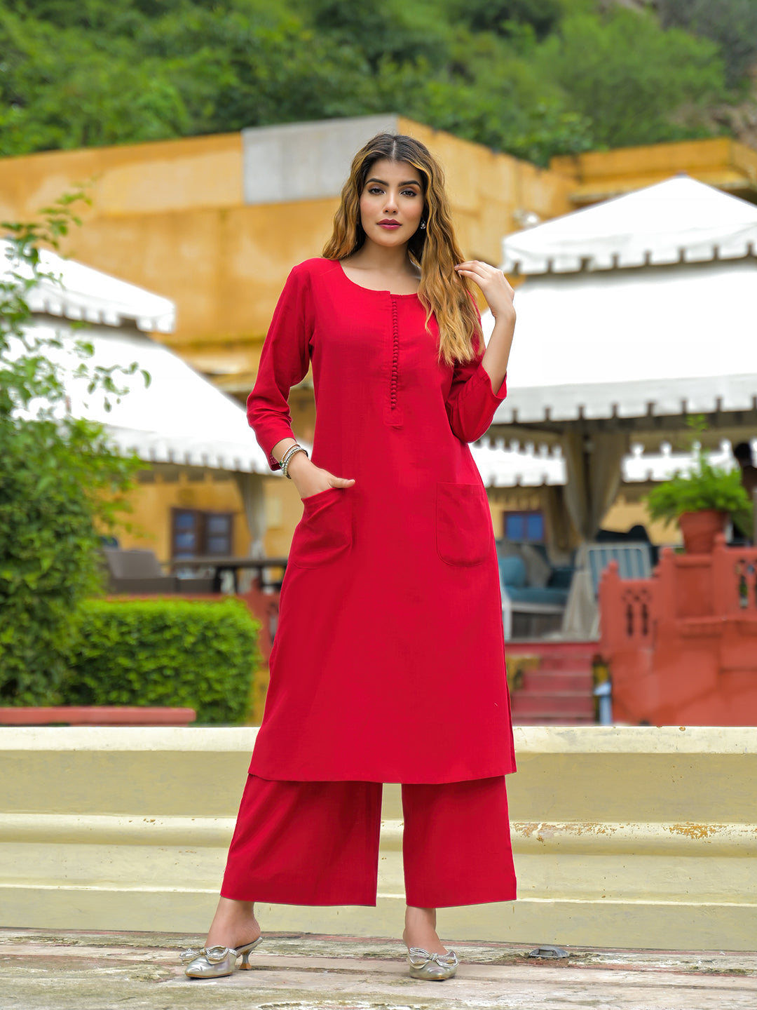 Red-Cotton-Solid-A-Line-2-Piece-Kurta-Set