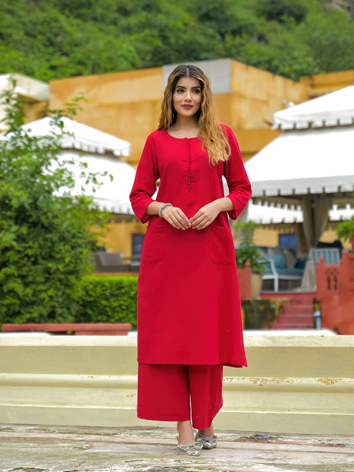 Red-Cotton-Solid-A-Line-2-Piece-Kurta-Set