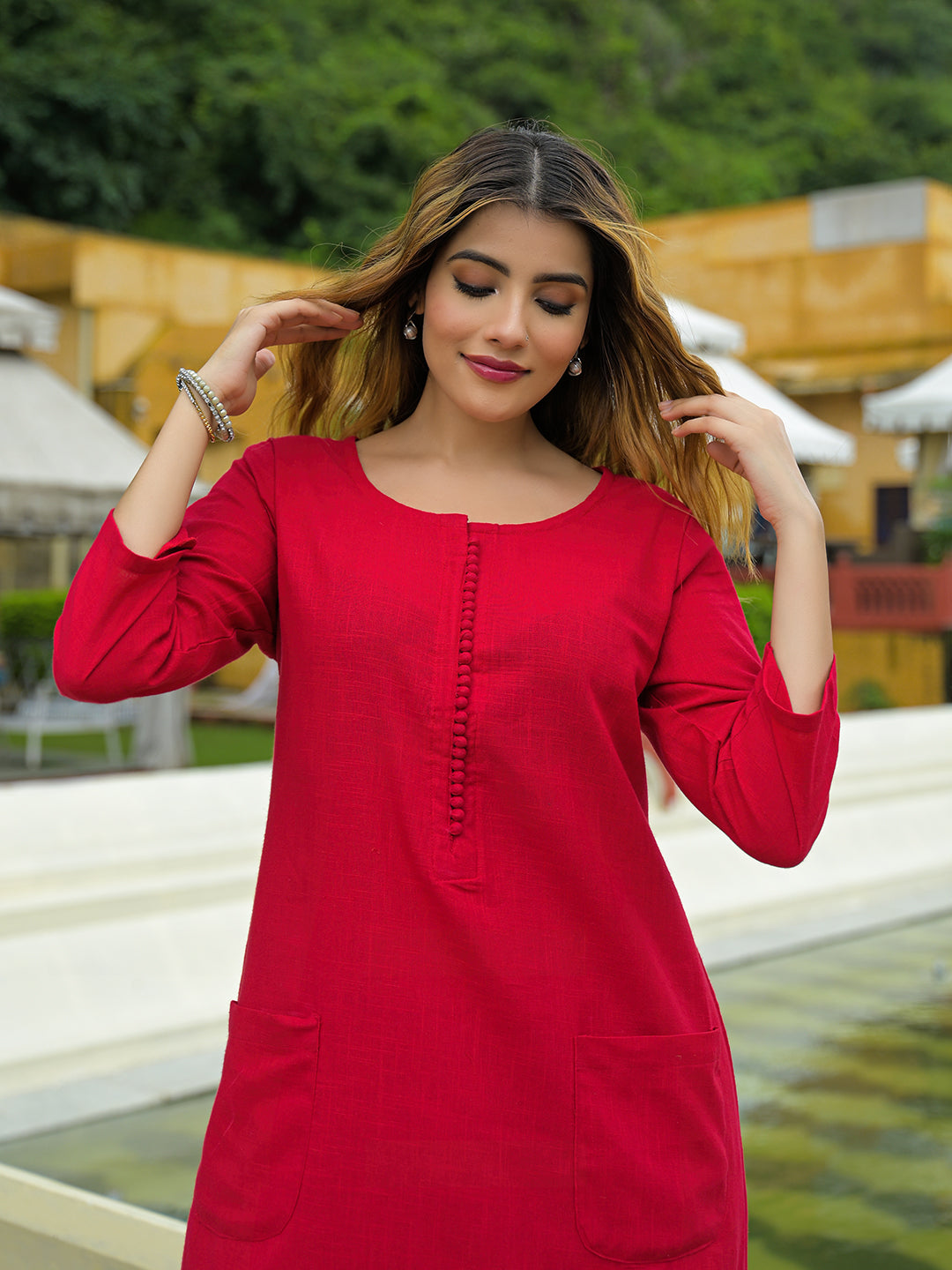 Red-Cotton-Solid-A-Line-2-Piece-Kurta-Set