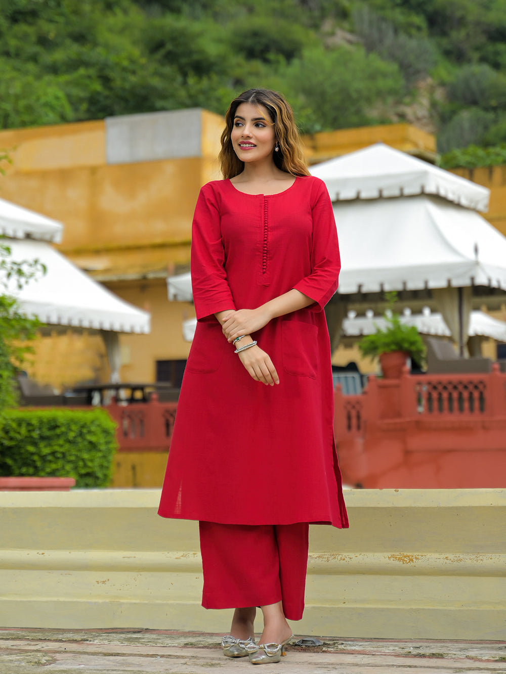 Red-Cotton-Solid-A-Line-2-Piece-Kurta-Set
