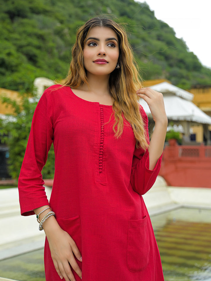 Red-Cotton-Solid-A-Line-2-Piece-Kurta-Set