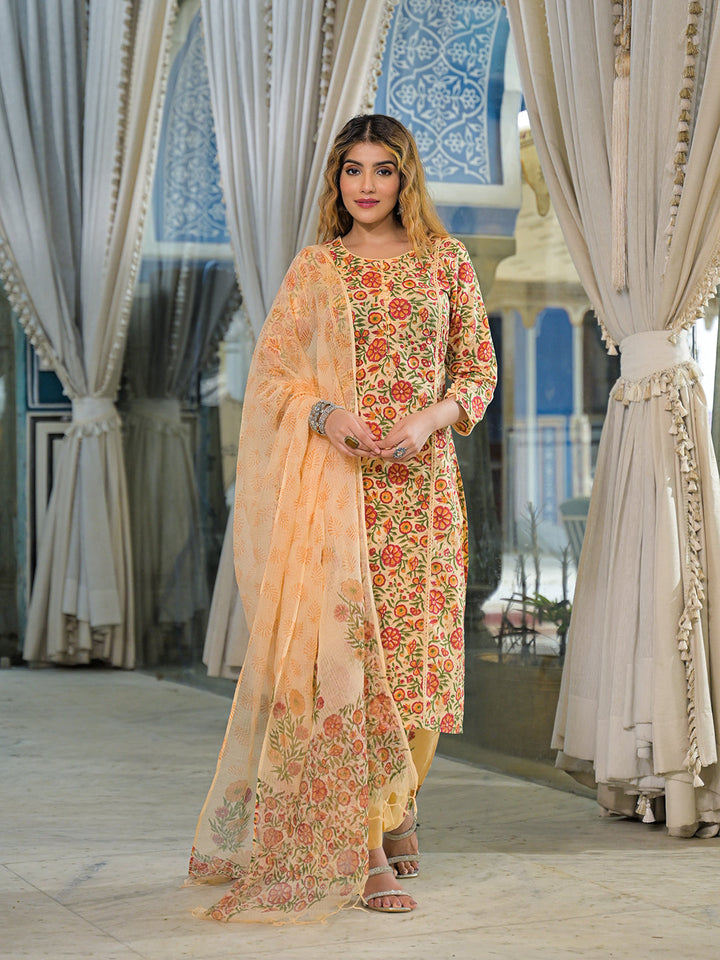 Yellow-Cotton-Hand-Block-Straight-3-Piece-Kurta-Set