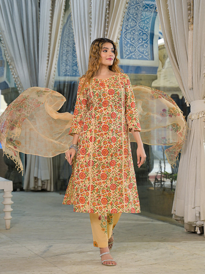 Yellow-Cotton-Hand-Block-Straight-3-Piece-Kurta-Set