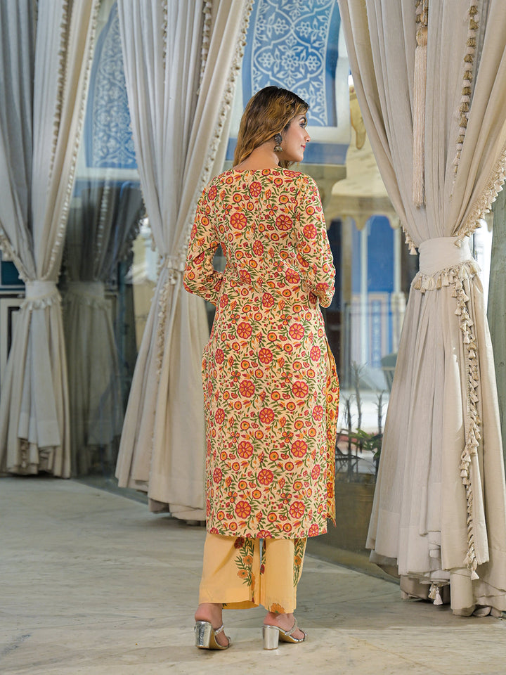 Yellow-Cotton-Hand-Block-Straight-3-Piece-Kurta-Set