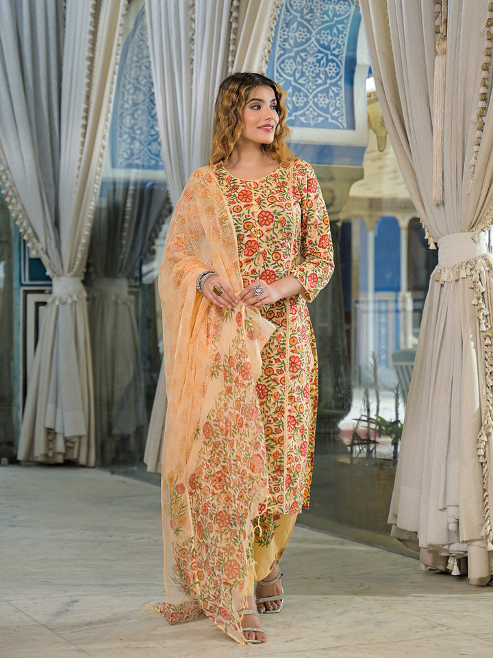 Yellow-Cotton-Hand-Block-Straight-3-Piece-Kurta-Set