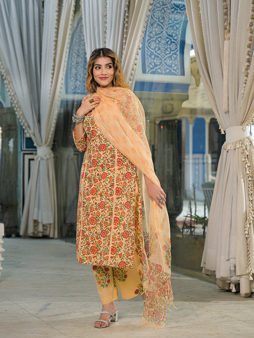 Yellow-Cotton-Hand-Block-Straight-3-Piece-Kurta-Set