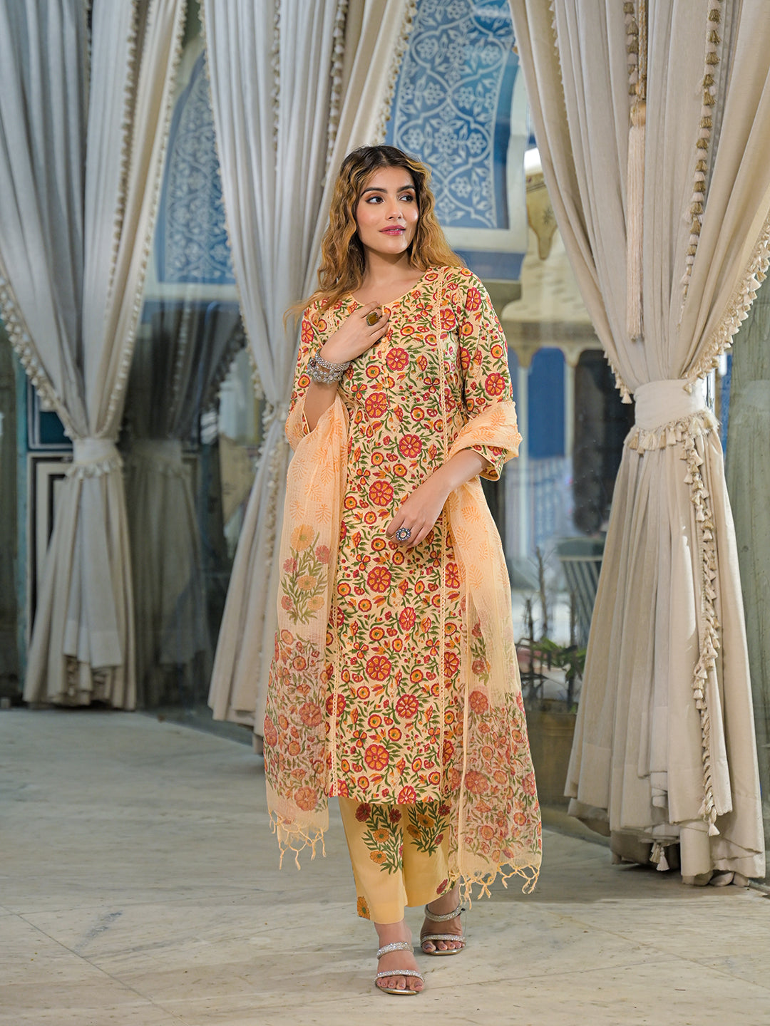 Yellow-Cotton-Hand-Block-Straight-3-Piece-Kurta-Set