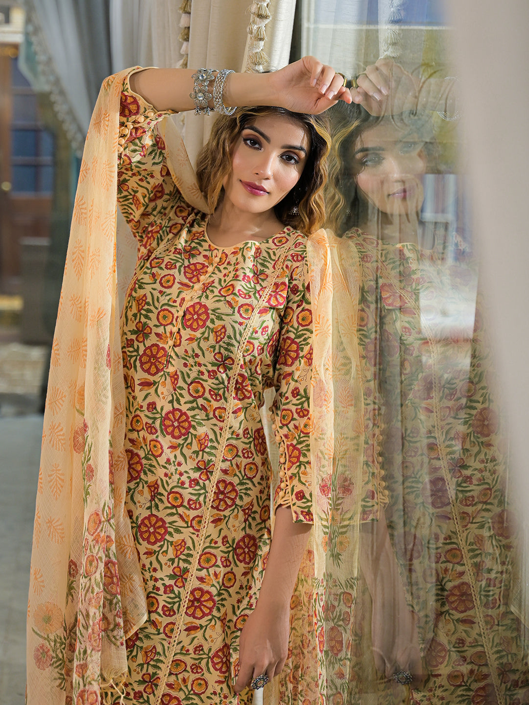 Yellow-Cotton-Hand-Block-Straight-3-Piece-Kurta-Set