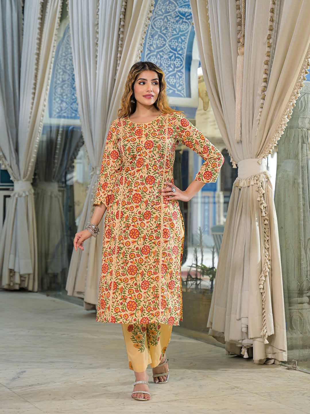 Yellow-Cotton-Hand-Block-Straight-3-Piece-Kurta-Set