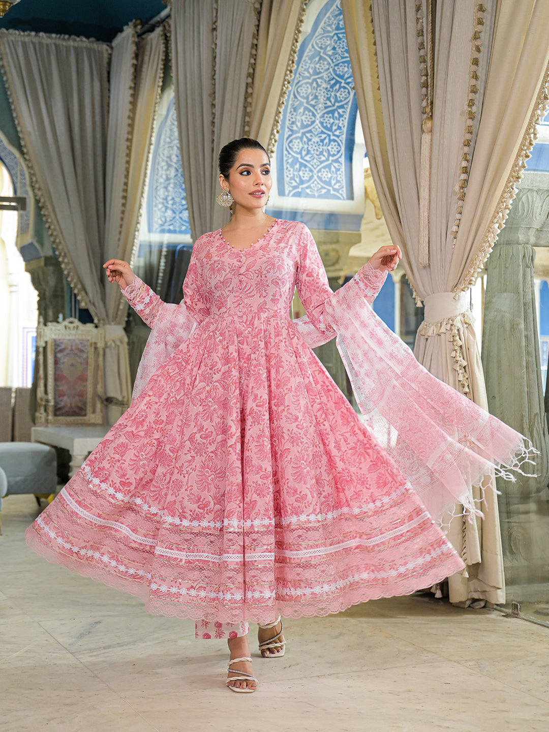 Pink-Cotton-Hand-Block-Anarkali-3-Piece-Kurta-Set