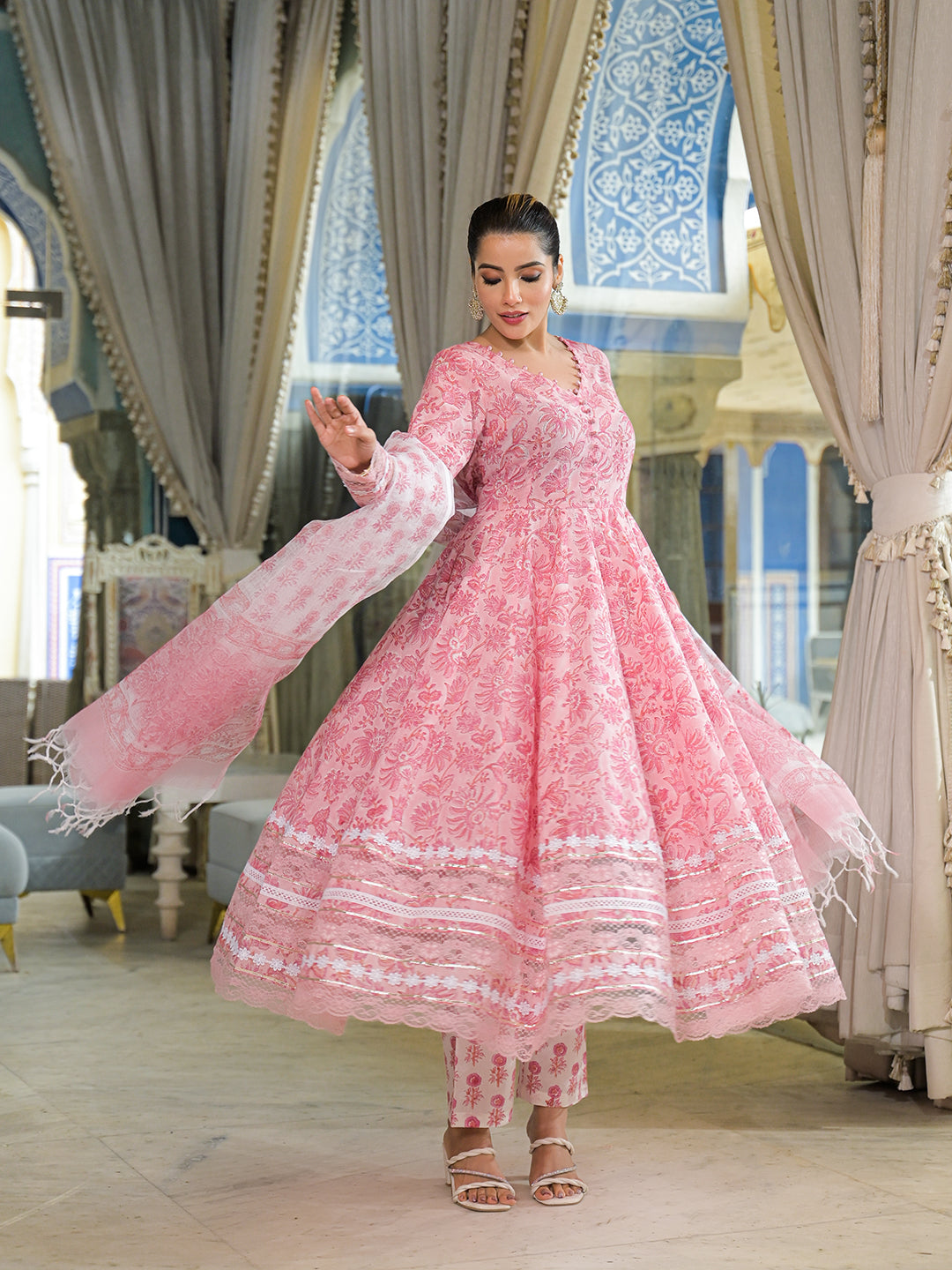 Pink-Cotton-Hand-Block-Anarkali-3-Piece-Kurta-Set